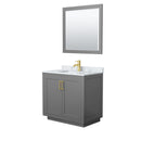 Wyndham Miranda 36" Single Bathroom Vanity In Dark Gray White Carrara Marble Countertop Undermount Square Sink Brushed Gold Trims And 34" Mirror WCF292936SGGCMUNSM34