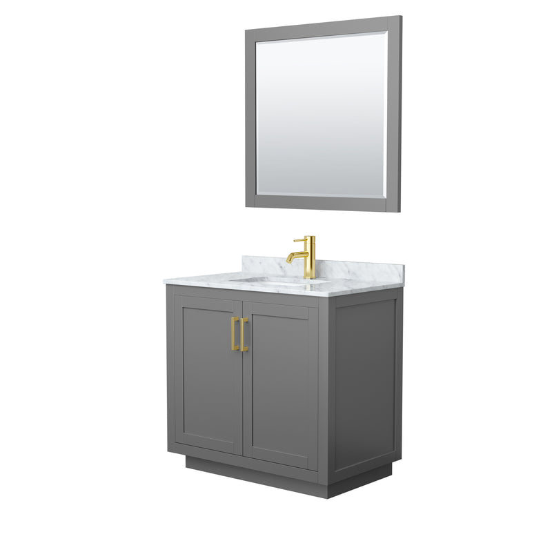 Wyndham Miranda 36" Single Bathroom Vanity In Dark Gray White Carrara Marble Countertop Undermount Square Sink Brushed Gold Trims And 34" Mirror WCF292936SGGCMUNSM34