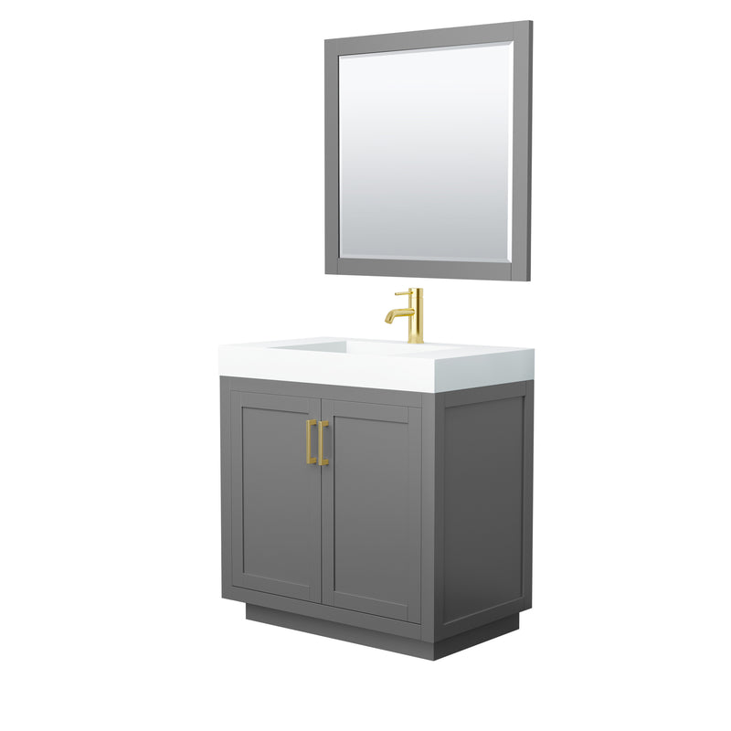 Wyndham Miranda 36" Single Bathroom Vanity In Dark Gray Matte White Solid Surface In 4" Thickness Integrated Sink Brushed Gold Trims And 34" Mirror WCF292936SGGK4INTM34