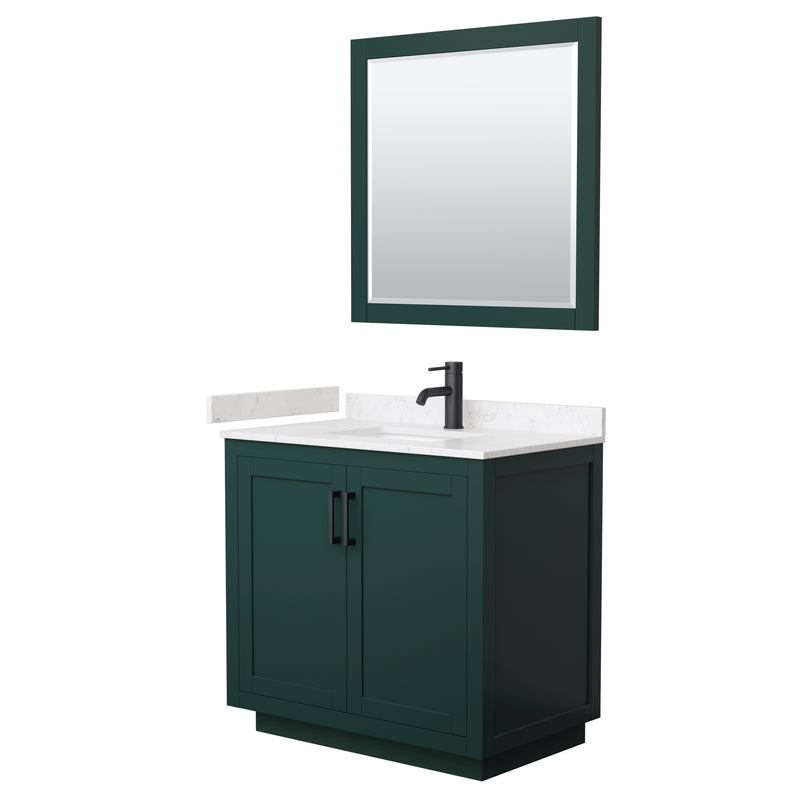 Wyndham Miranda 36" Single Bathroom Vanity In Green Light-Vein Carrara Cultured Marble Countertop Undermount Square Sink Matte Black Trim 34" Mirror WCF292936SGKC2UNSM34