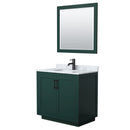 Wyndham Miranda 36" Single Bathroom Vanity In Green White Carrara Marble Countertop Undermount Square Sink Matte Black Trim 34" Mirror WCF292936SGKCMUNSM34