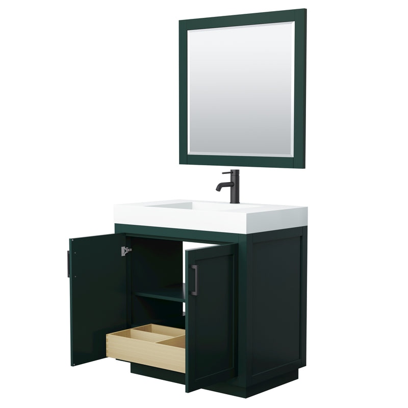 Wyndham Miranda 36" Single Bathroom Vanity In Green 4" Thick Matte White Solid Surface Countertop Integrated Sink Matte Black Trim 34" Mirror WCF292936SGKK4INTM34