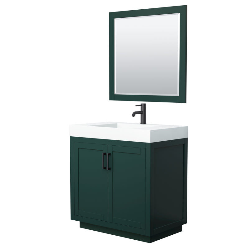 Wyndham Miranda 36" Single Bathroom Vanity In Green 4" Thick Matte White Solid Surface Countertop Integrated Sink Matte Black Trim 34" Mirror WCF292936SGKK4INTM34