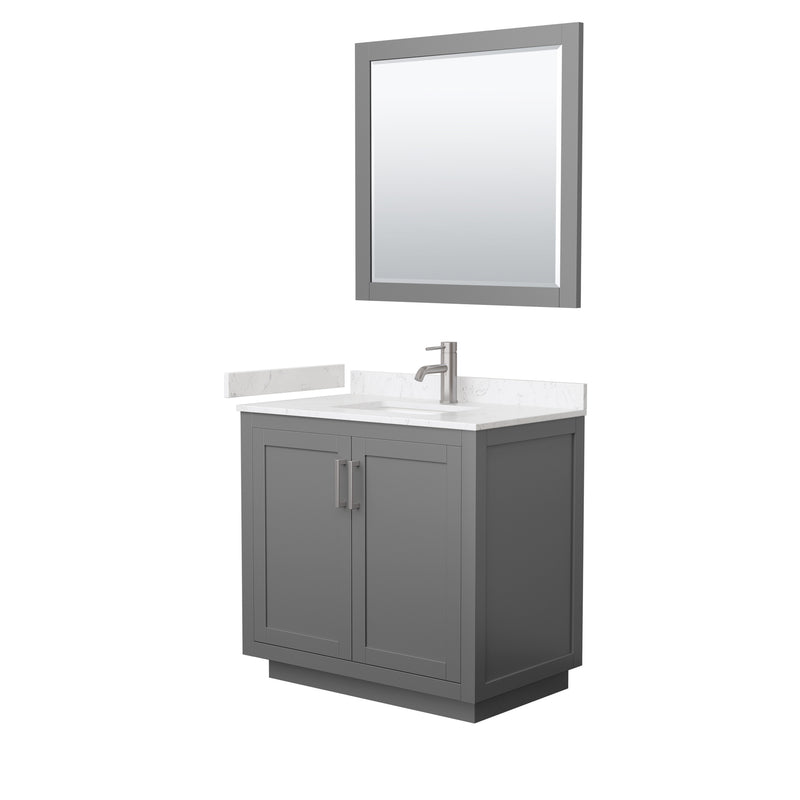 Wyndham Miranda 36" Single Bathroom Vanity In Dark Gray Light-Vein Carrara Cultured Marble Countertop Undermount Square Sink Brushed Nickel Trims And 34" Mi WCF292936SKGC2UNSM34