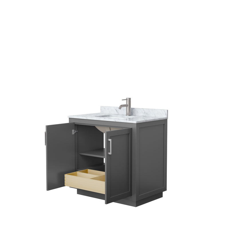 Wyndham Miranda 36" Single Bathroom Vanity In Dark Gray White Carrara Marble Countertop Undermount Square Sink Brushed Nickel Trims and No Mirror WCF292936SKGCMUNSMXX