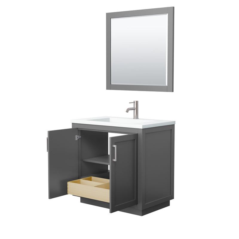 Wyndham Miranda 36" Single Bathroom Vanity In Dark Gray Matte White Solid Surface In 1.25" Thickness Integrated Sink Brushed Nickel Trims and 34" Mirror WCF292936SKGK1INTM34