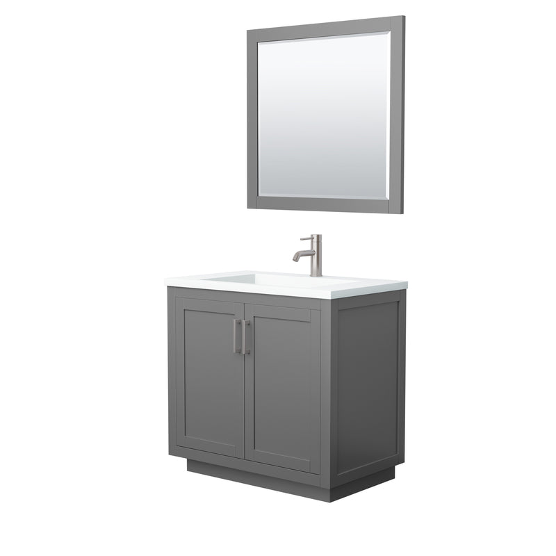 Wyndham Miranda 36" Single Bathroom Vanity In Dark Gray Matte White Solid Surface In 1.25" Thickness Integrated Sink Brushed Nickel Trims And 34" Mirror WCF292936SKGK1INTM34