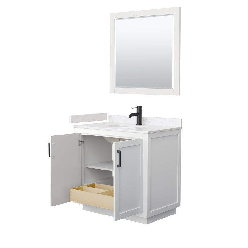 Wyndham Miranda 36" Single Bathroom Vanity In White Light-Vein Carrara Cultured Marble Countertop Undermount Square Sink Black Trims and 34" Mirror WCF292936SWBC2UNSM34