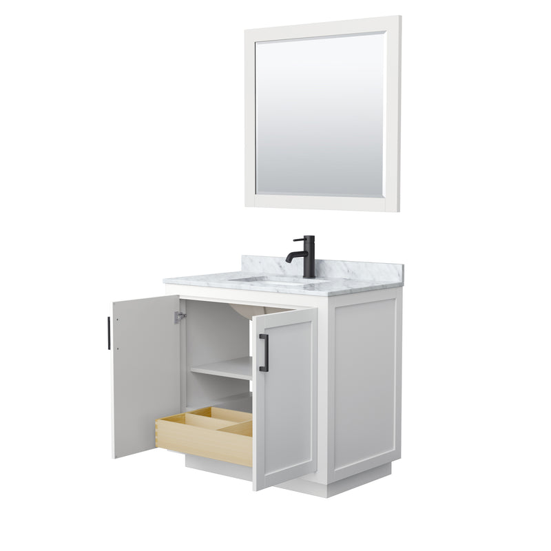 Wyndham Miranda 36" Single Bathroom Vanity In White White Carrara Marble Countertop Undermount Square Sink Black Trims and 34" Mirror WCF292936SWBCMUNSM34