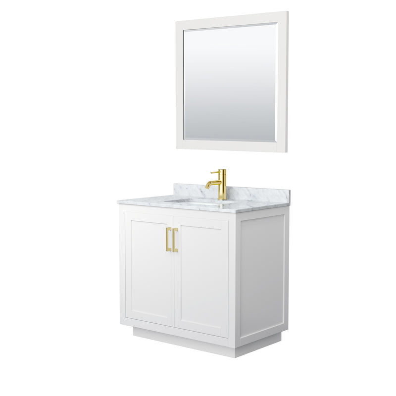 Wyndham Miranda 36" Single Bathroom Vanity In White White Carrara Marble Countertop Undermount Square Sink Brushed Gold Trims And 34" Mirror WCF292936SWGCMUNSM34