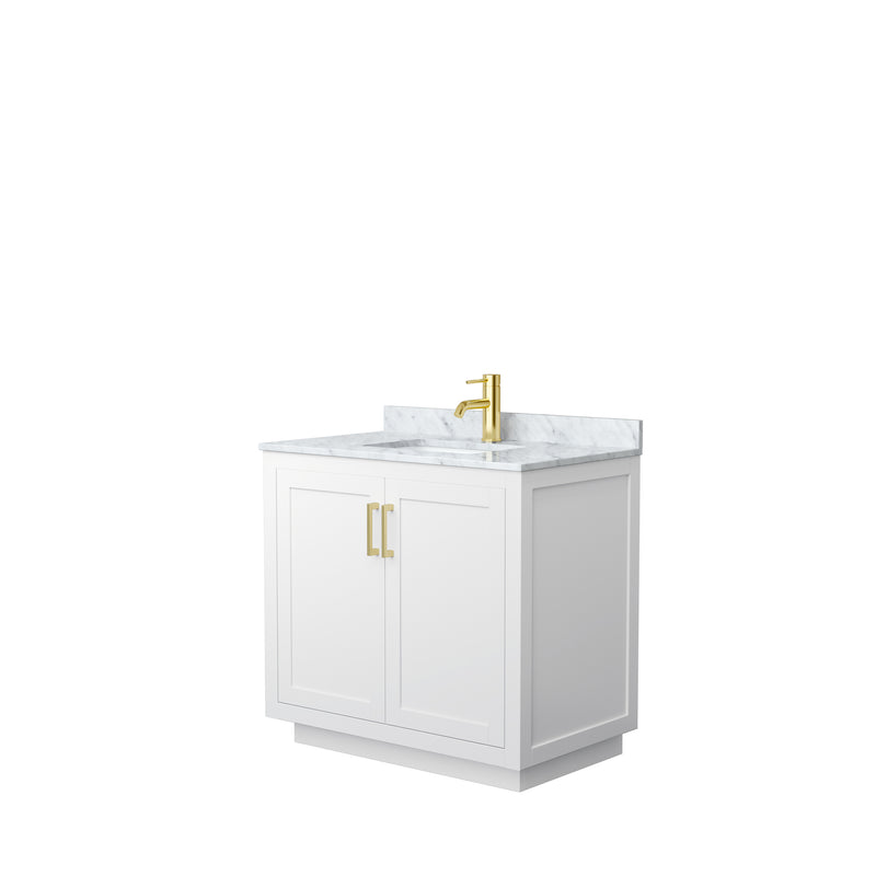 Wyndham Miranda 36" Single Bathroom Vanity In White White Carrara Marble Countertop Undermount Square Sink Brushed Gold Trims And No Mirror WCF292936SWGCMUNSMXX