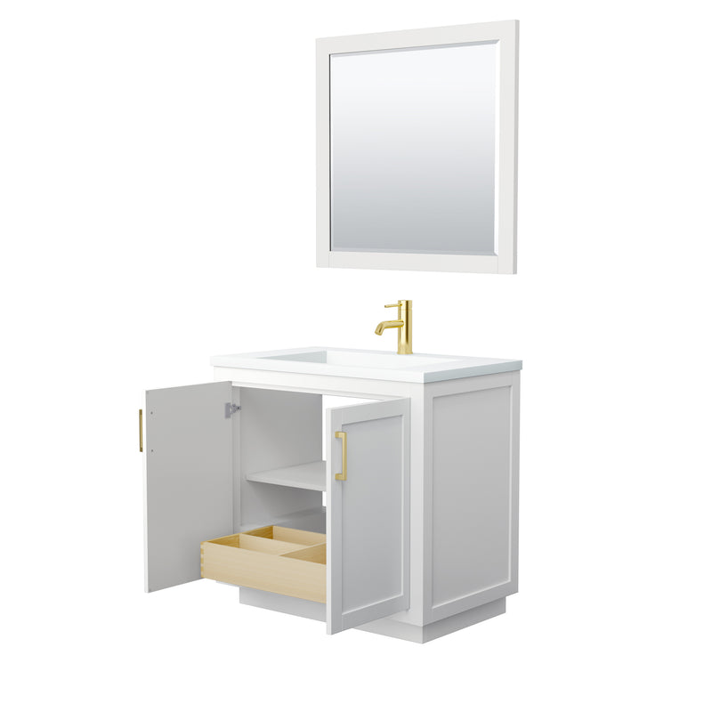 Wyndham Miranda 36" Single Bathroom Vanity In White Matte White Solid Surface In 1.25" Thickness Integrated Sink Brushed Gold Trims and 34" Mirror WCF292936SWGK1INTM34