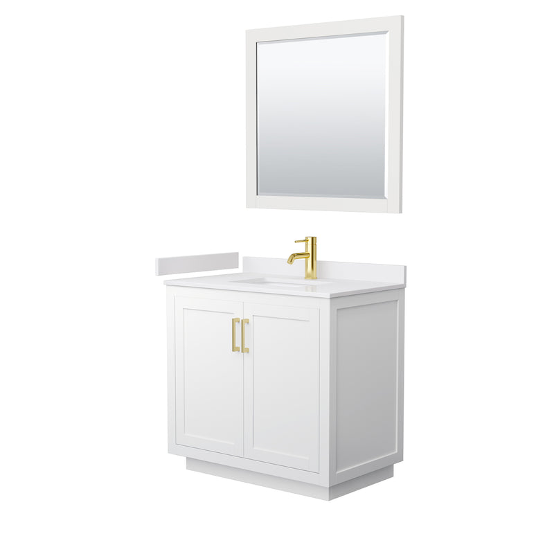 Wyndham Miranda 36" Single Bathroom Vanity In White White Cultured Marble Countertop Undermount Square Sink Brushed Gold Trims And 34" Mirror WCF292936SWGWCUNSM34