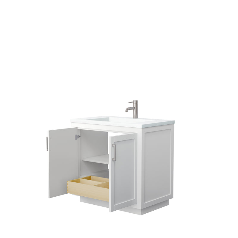 Wyndham Miranda 36" Single Bathroom Vanity In White Matte White Solid Surface In 1.25" Thickness Integrated Sink Brushed Nickel Trims and No Mirror WCF292936SWHK1INTMXX