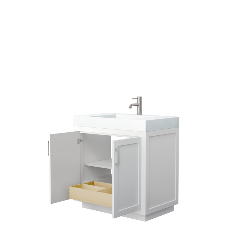 Wyndham Miranda 36" Single Bathroom Vanity In White Matte White Solid Surface In 4" Thickness Integrated Sink Brushed Nickel Trims and No Mirror WCF292936SWHK4INTMXX