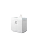 Wyndham Miranda 36" Single Bathroom Vanity In White Matte White Solid Surface In 4" Thickness Integrated Sink Brushed Nickel Trims And No Mirror WCF292936SWHK4INTMXX