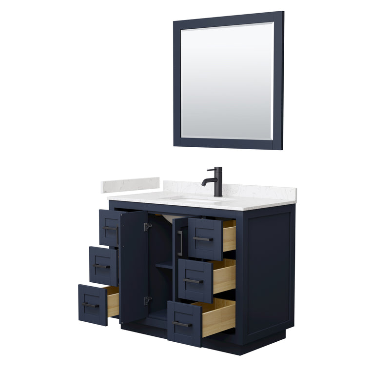 Wyndham Miranda 42" Single Bathroom Vanity In Dark Blue Light-Vein Carrara Cultured Marble Countertop Undermount Square Sink Black Trims and 34" Mirror WCF292942SBBC2UNSM34