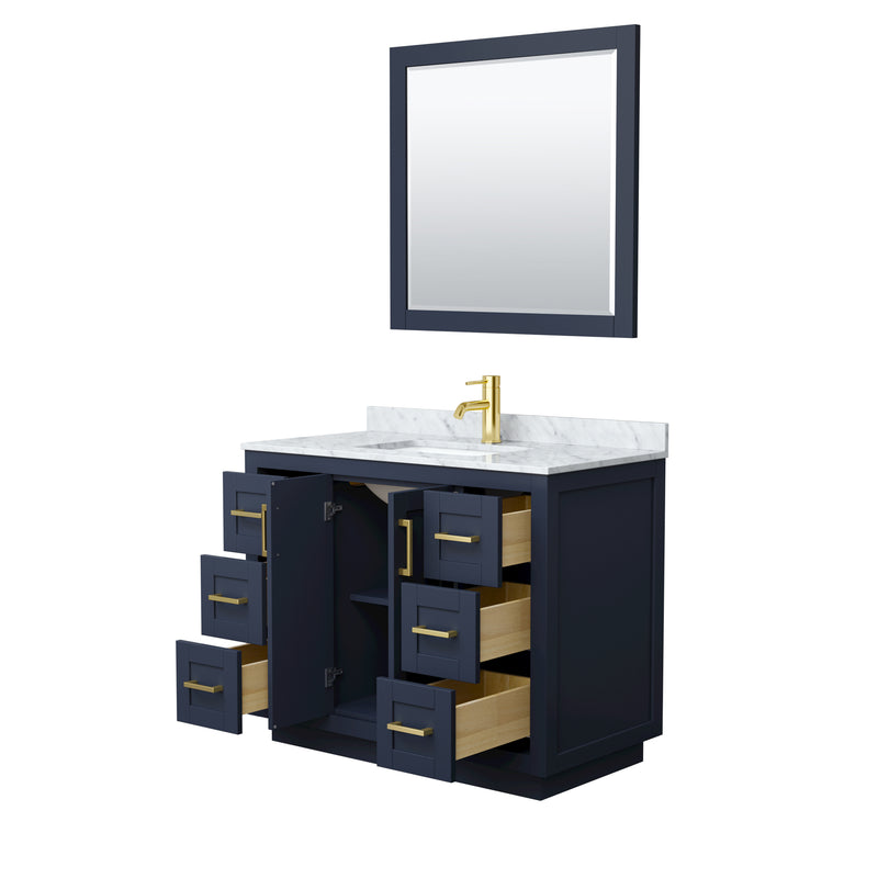 Wyndham Miranda 42" Single Bathroom Vanity In Dark Blue White Carrara Marble Countertop Undermount Square Sink Brushed Gold Trims and 34" Mirror WCF292942SBLCMUNSM34