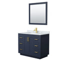 Wyndham Miranda 42" Single Bathroom Vanity In Dark Blue White Carrara Marble Countertop Undermount Square Sink Brushed Gold Trims And 34" Mirror WCF292942SBLCMUNSM34