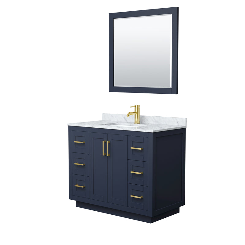 Wyndham Miranda 42" Single Bathroom Vanity In Dark Blue White Carrara Marble Countertop Undermount Square Sink Brushed Gold Trims And 34" Mirror WCF292942SBLCMUNSM34