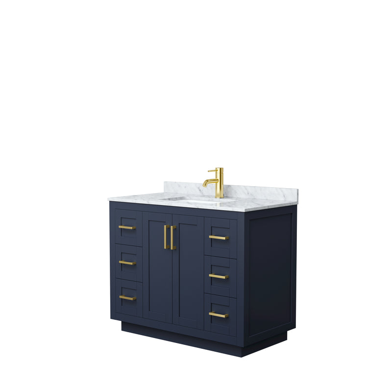 Wyndham Miranda 42" Single Bathroom Vanity In Dark Blue White Carrara Marble Countertop Undermount Square Sink Brushed Gold Trims And No Mirror WCF292942SBLCMUNSMXX