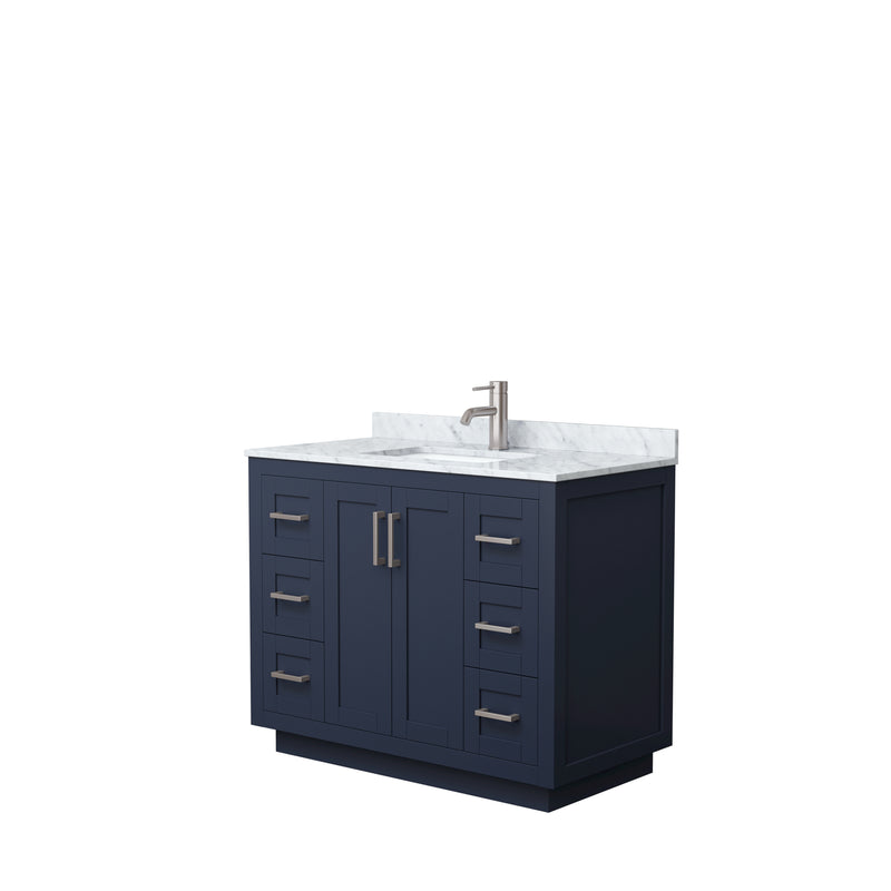 Wyndham Miranda 42" Single Bathroom Vanity In Dark Blue White Carrara Marble Countertop Undermount Square Sink Brushed Nickel Trims And No Mirror WCF292942SBNCMUNSMXX