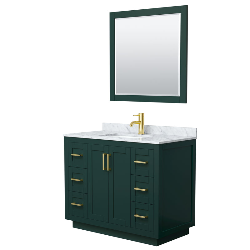 Wyndham Miranda 42" Single Bathroom Vanity In Green White Carrara Marble Countertop Undermount Square Sink Brushed Gold Trim 34" Mirror WCF292942SGDCMUNSM34