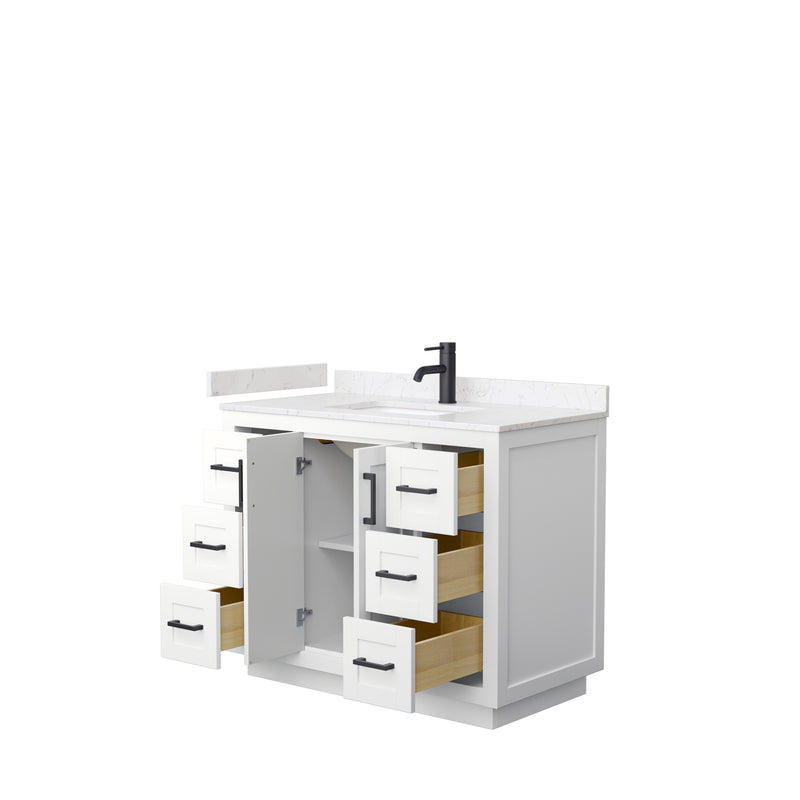 Wyndham Miranda 42" Single Bathroom Vanity In White Light-Vein Carrara Cultured Marble Countertop Undermount Square Sink Black Trims and No Mirror WCF292942SWBC2UNSMXX