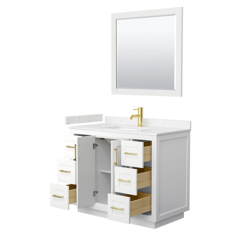 Wyndham Miranda 42" Single Bathroom Vanity In White Light-Vein Carrara Cultured Marble Countertop Undermount Square Sink Brushed Gold Trims and 34" Mirror WCF292942SWGC2UNSM34