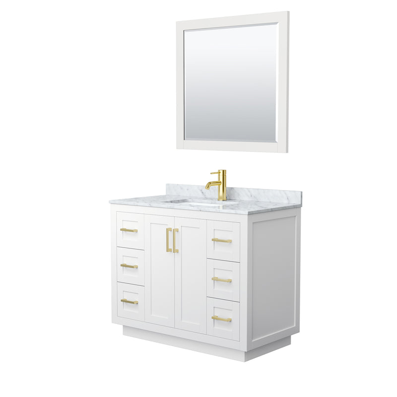 Wyndham Miranda 42" Single Bathroom Vanity In White White Carrara Marble Countertop Undermount Square Sink Brushed Gold Trims And 34" Mirror WCF292942SWGCMUNSM34