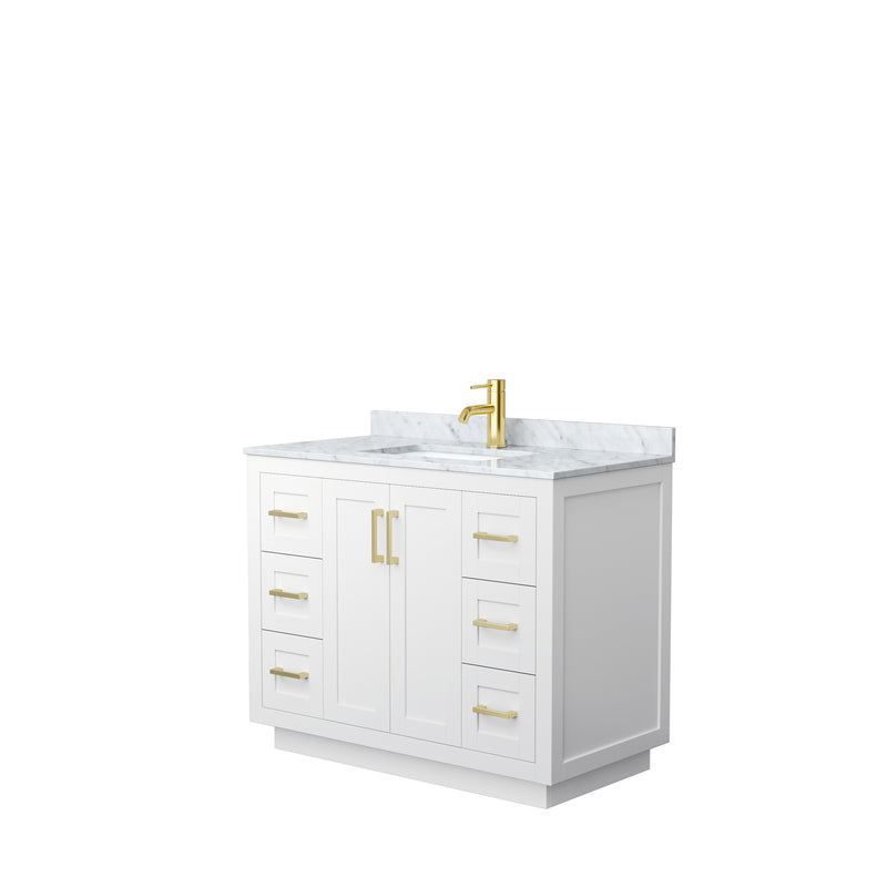 Wyndham Miranda 42" Single Bathroom Vanity In White White Carrara Marble Countertop Undermount Square Sink Brushed Gold Trims And No Mirror WCF292942SWGCMUNSMXX