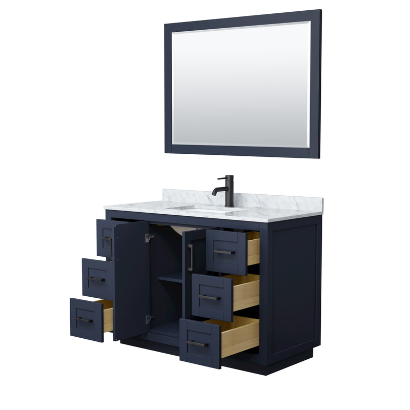 Wyndham Miranda 48" Single Bathroom Vanity In Dark Blue White Carrara Marble Countertop Undermount Square Sink Black Trims and 46" Mirror WCF292948SBBCMUNSM46