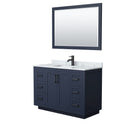 Wyndham Miranda 48" Single Bathroom Vanity In Dark Blue White Carrara Marble Countertop Undermount Square Sink Black Trims And 46" Mirror WCF292948SBBCMUNSM46