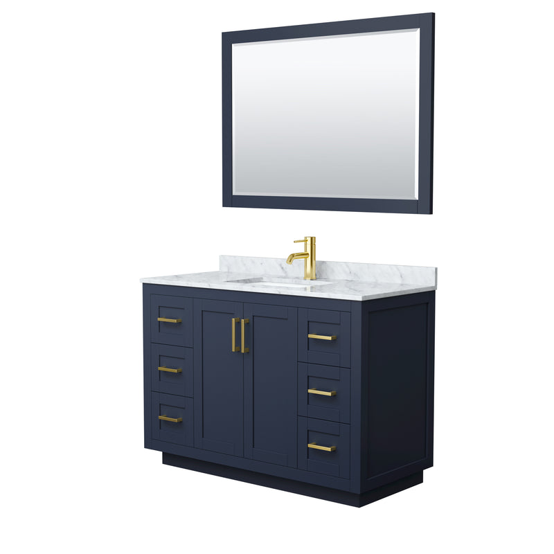 Wyndham Miranda 48" Single Bathroom Vanity In Dark Blue White Carrara Marble Countertop Undermount Square Sink Brushed Gold Trims And 46" Mirror WCF292948SBLCMUNSM46