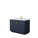 Wyndham Miranda 48" Single Bathroom Vanity In Dark Blue White Carrara Marble Countertop Undermount Square Sink Brushed Gold Trims And No Mirror WCF292948SBLCMUNSMXX