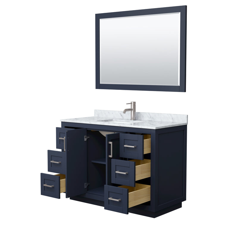 Wyndham Miranda 48" Single Bathroom Vanity In Dark Blue White Carrara Marble Countertop Undermount Square Sink Brushed Nickel Trims and 46" Mirror WCF292948SBNCMUNSM46