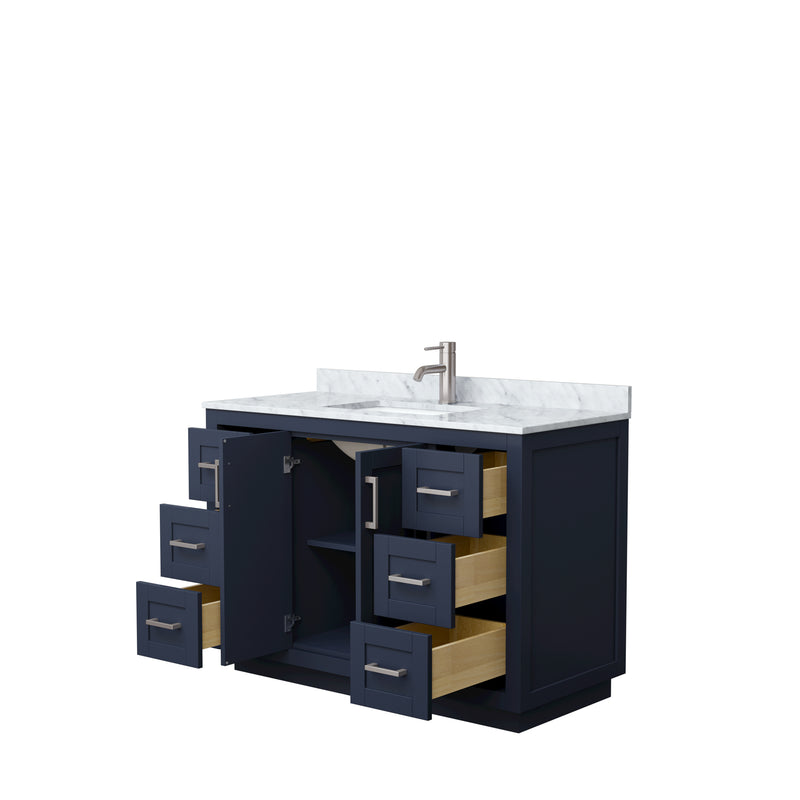 Wyndham Miranda 48" Single Bathroom Vanity In Dark Blue White Carrara Marble Countertop Undermount Square Sink Brushed Nickel Trims and No Mirror WCF292948SBNCMUNSMXX