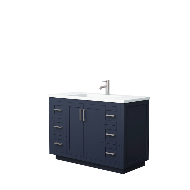 Wyndham Miranda 48" Single Bathroom Vanity In Dark Blue Matte White Solid Surface In 1.25" Thickness Integrated Sink Brushed Nickel Trims And No Mirror WCF292948SBNK1INTMXX