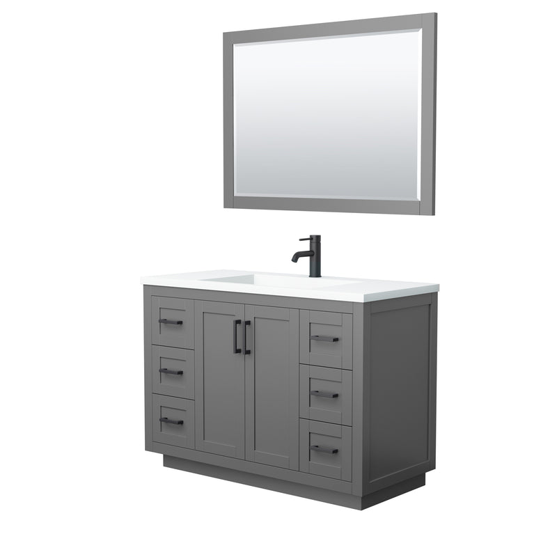 Wyndham Miranda 48" Single Bathroom Vanity In Dark Gray Matte White Solid Surface In 1.25" Thickness Integrated Sink Black Trims And 46" Mirror WCF292948SGBK1INTM46