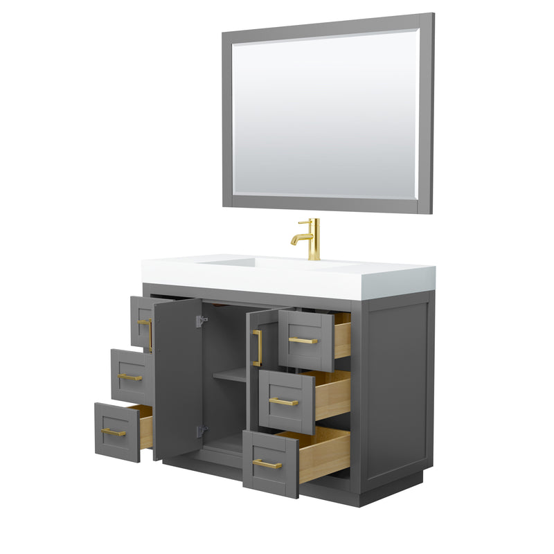 Wyndham Miranda 48" Single Bathroom Vanity In Dark Gray Matte White Solid Surface In 4" Thickness Integrated Sink Brushed Gold Trims and 46" Mirror WCF292948SGGK4INTM46