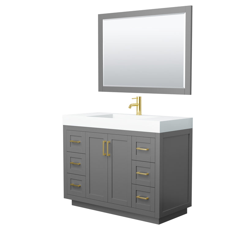 Wyndham Miranda 48" Single Bathroom Vanity In Dark Gray Matte White Solid Surface In 4" Thickness Integrated Sink Brushed Gold Trims And 46" Mirror WCF292948SGGK4INTM46