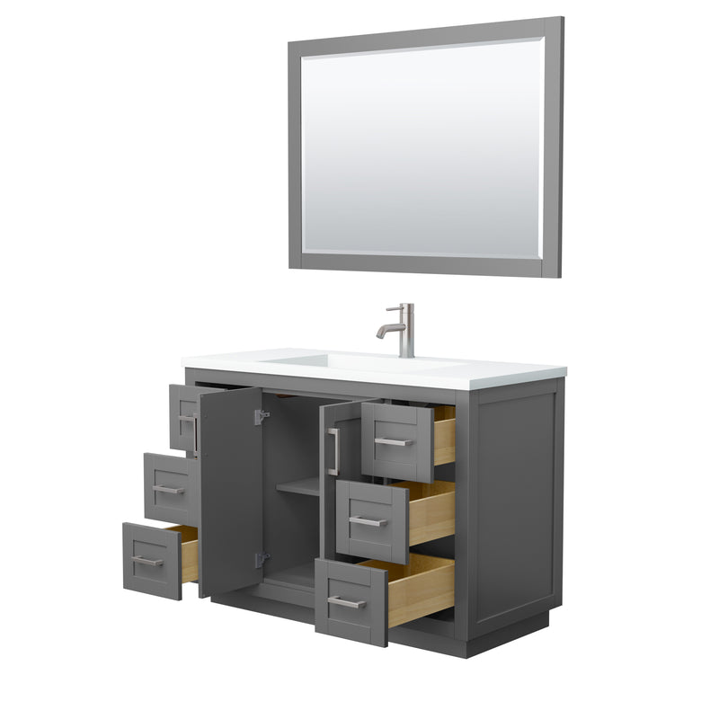 Wyndham Miranda 48" Single Bathroom Vanity In Dark Gray Matte White Solid Surface In 1.25" Thickness Integrated Sink Brushed Nickel Trims and 46" Mirror WCF292948SKGK1INTM46