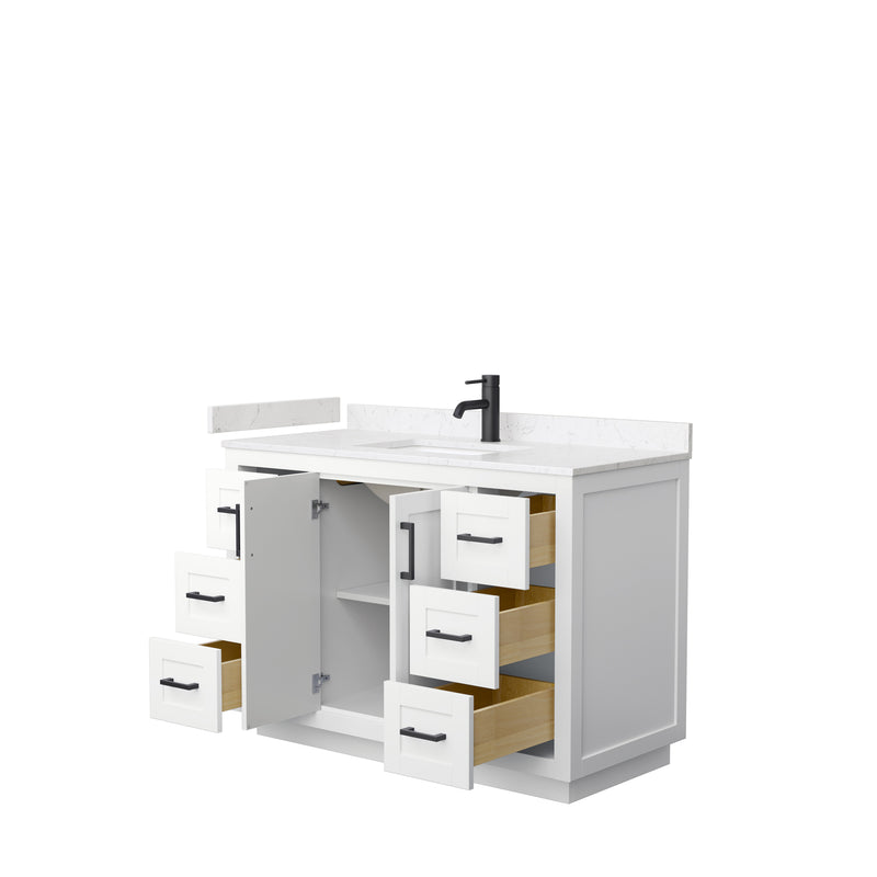 Wyndham Miranda 48" Single Bathroom Vanity In White Light-Vein Carrara Cultured Marble Countertop Undermount Square Sink Black Trims and No Mirror WCF292948SWBC2UNSMXX