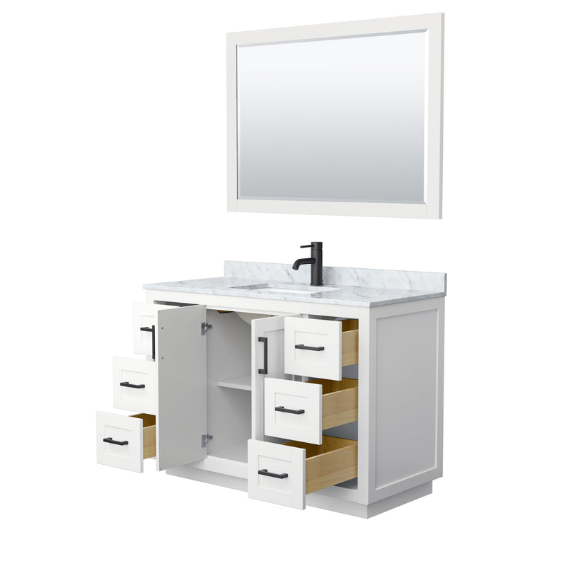 Wyndham Miranda 48" Single Bathroom Vanity In White White Carrara Marble Countertop Undermount Square Sink Black Trims and 46" Mirror WCF292948SWBCMUNSM46