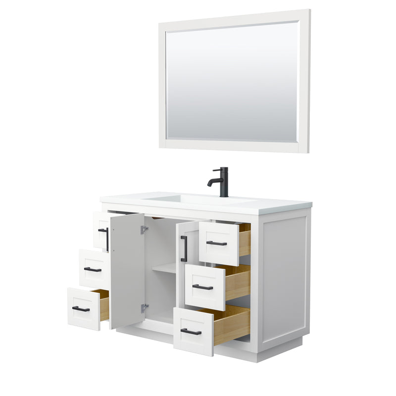 Wyndham Miranda 48" Single Bathroom Vanity In White Matte White Solid Surface In 1.25" Thickness Integrated Sink Black Trims and 46" Mirror WCF292948SWBK1INTM46