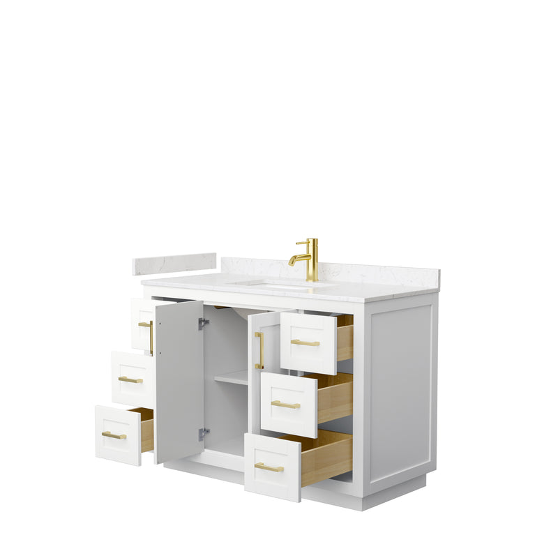 Wyndham Miranda 48" Single Bathroom Vanity In White Light-Vein Carrara Cultured Marble Countertop Undermount Square Sink Brushed Gold Trims and No Mirror WCF292948SWGC2UNSMXX