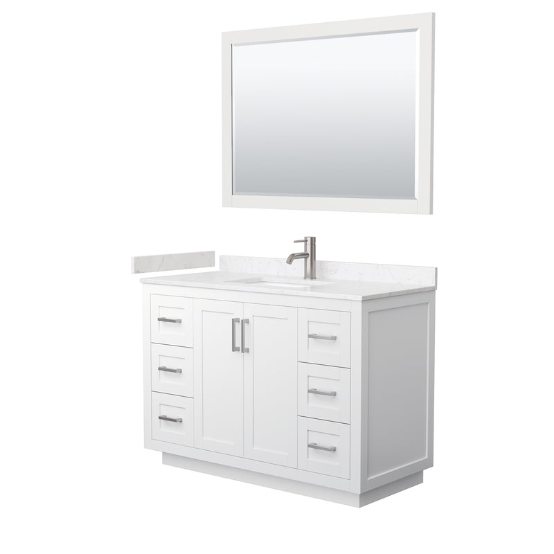 Wyndham Miranda 48" Single Bathroom Vanity In White Light-Vein Carrara Cultured Marble Countertop Undermount Square Sink Brushed Nickel Trims And 46" Mirror WCF292948SWHC2UNSM46