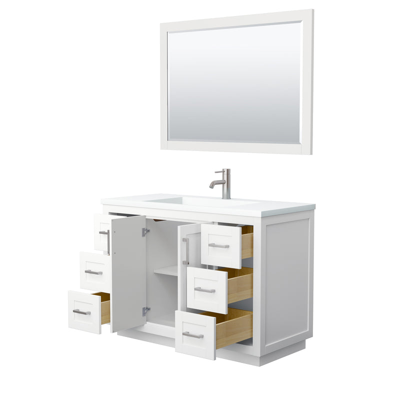 Wyndham Miranda 48" Single Bathroom Vanity In White Matte White Solid Surface In 1.25" Thickness Integrated Sink Brushed Nickel Trims and 46" Mirror WCF292948SWHK1INTM46