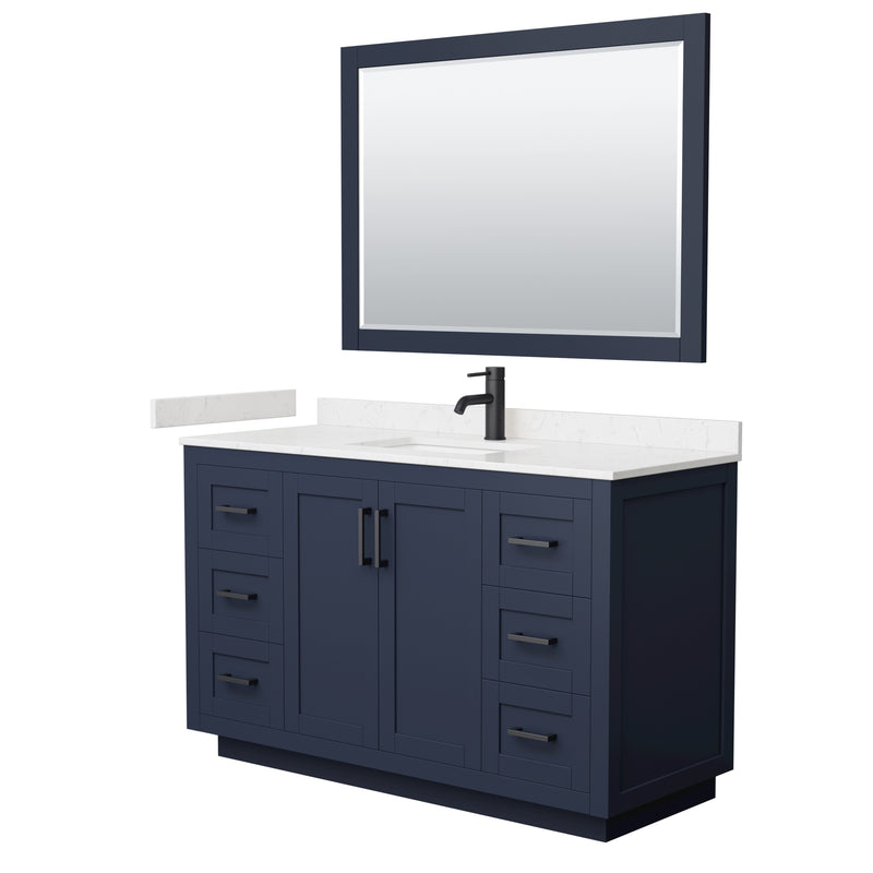 Wyndham Miranda 54" Single Bathroom Vanity In Dark Blue Light-Vein Carrara Cultured Marble Countertop Undermount Square Sink Matte Black Trim 46" Mirror WCF292954SBBC2UNSM46