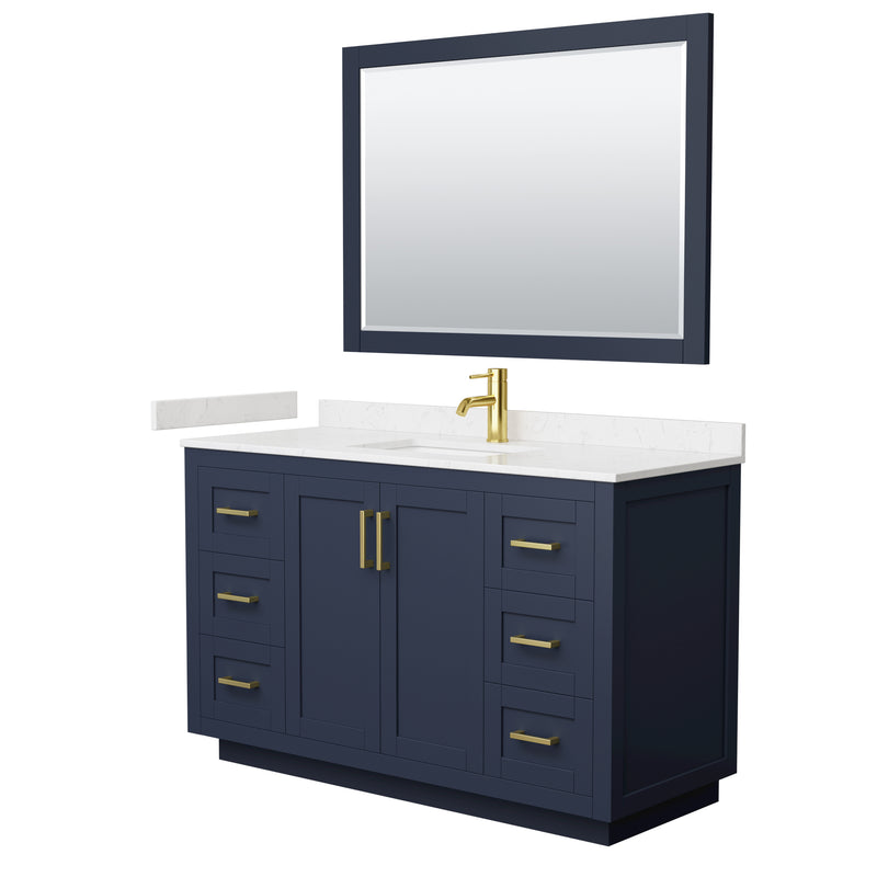 Wyndham Miranda 54" Single Bathroom Vanity In Dark Blue Light-Vein Carrara Cultured Marble Countertop Undermount Square Sink Brushed Gold Trim 46" Mirror WCF292954SBLC2UNSM46